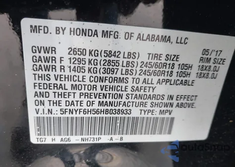 2017 Honda Pilot Ex-L z USA, uszkodzony, nr VIN 5FNYF6H56HB038933